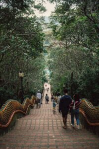 Captivating view of the Naga stairway leading to Wat Phra That Doi Suthep in Chiang Mai, Thailand.
