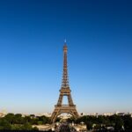 Stunning daylight shot capturing the Eiffel Tower with clear blue skies in Paris.